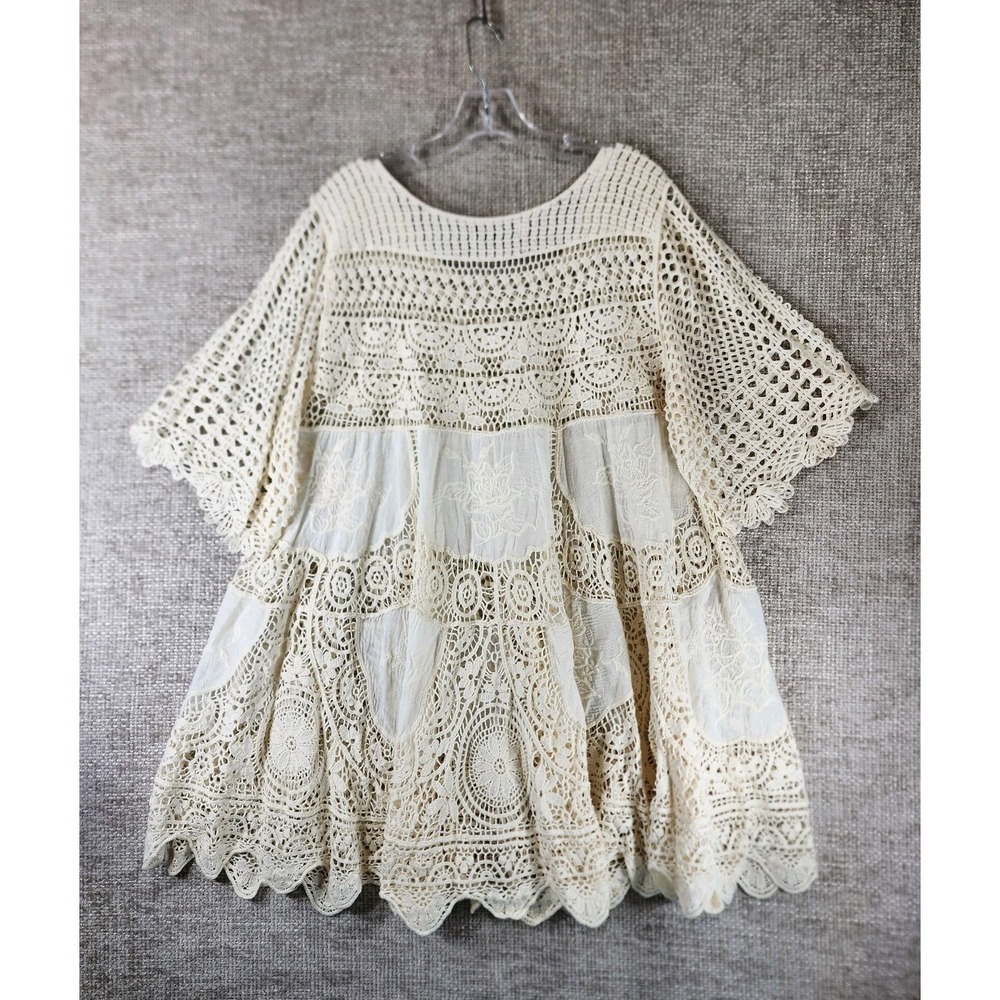 Angel Heart Boutique Open Crochet Tunic Top Womens Plus *1X Cream Babydoll Boho - Picture 7 of 12